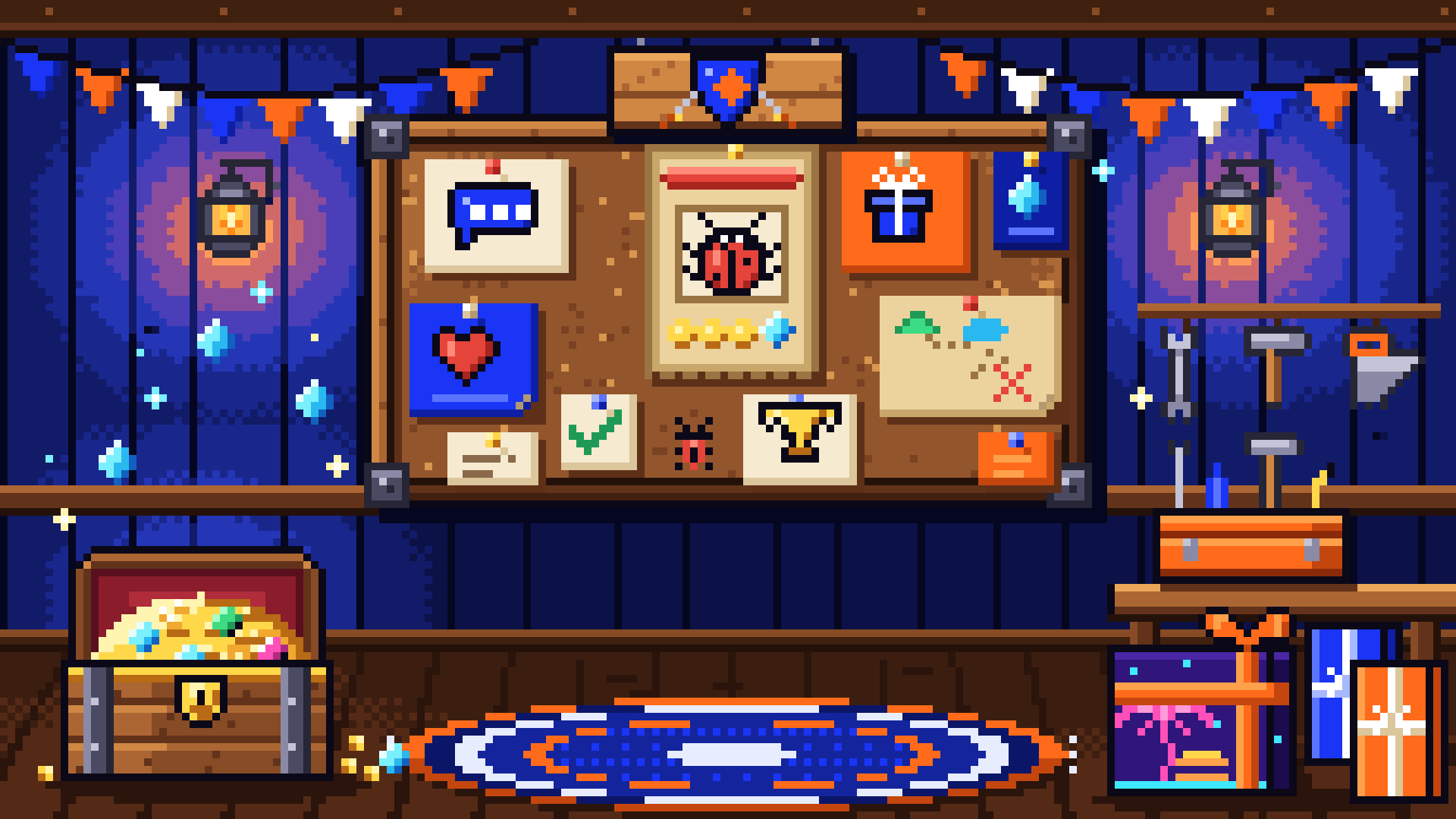 Pixel art: a guild hall quest board pinned with quest cards, a treasure chest of coins and XP gems, a workbench of tools and wrapped gifts